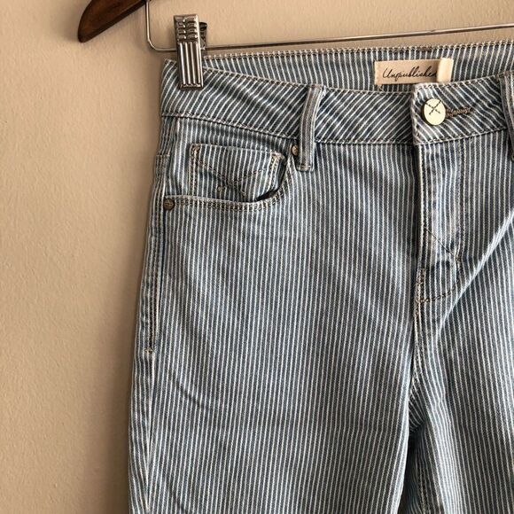 Unpublished High Rise Waist Striped Raw Hem Skinny Leg Denim Jeans Blue - Picture 4 of 12